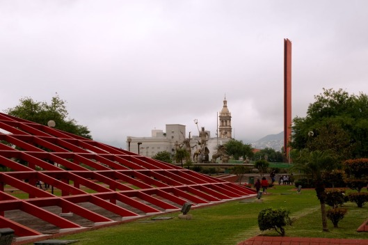 Macroplaza with Cathedral, Faro del Comercio, and Fuente de la Vida in the background